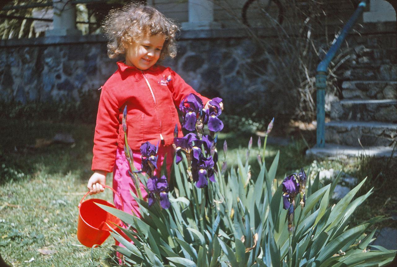 Image of a girl, about three years old, watering flowers in front of  the steps of a large building with stonework and tall pillars.